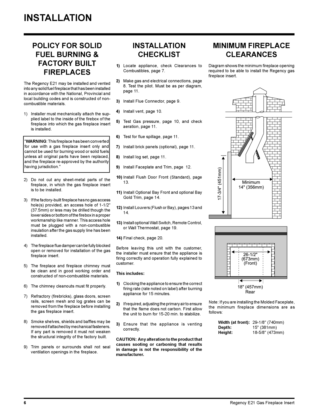 Regency E21-LP1, E21-NG1 installation manual Installation Checklist, Minimum Fireplace Clearances 