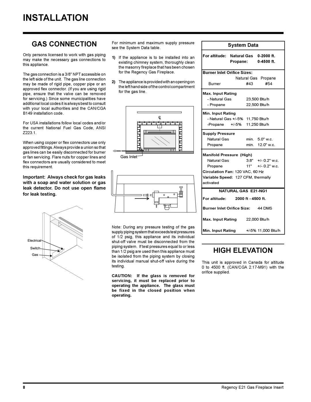 Regency E21-LP1, E21-NG1 installation manual GAS Connection, High Elevation, System Data, Natural Gas Propane Burner #43 #54 