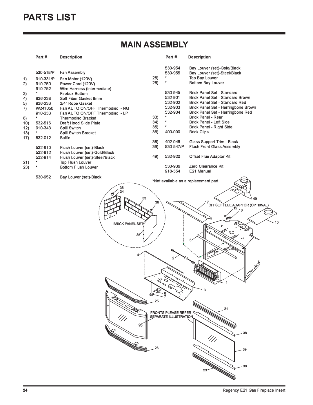 Regency E21-LP1, E21-NG1 installation manual Parts List, Main Assembly, Description 
