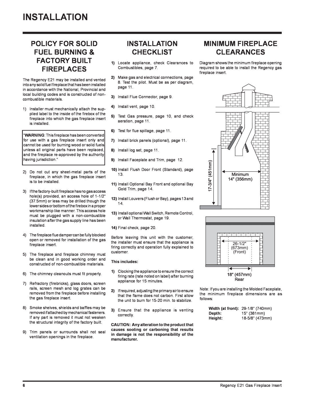 Regency E21-LP1 Installation Checklist, Minimum Fireplace Clearances, This includes, Width at front, Depth, Height 