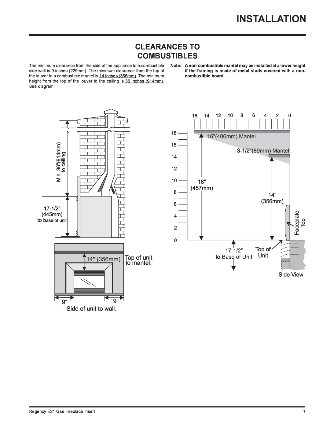 Regency E21-NG1, E21-LP1 installation manual Installation, Clearances To Combustibles, combustible board 
