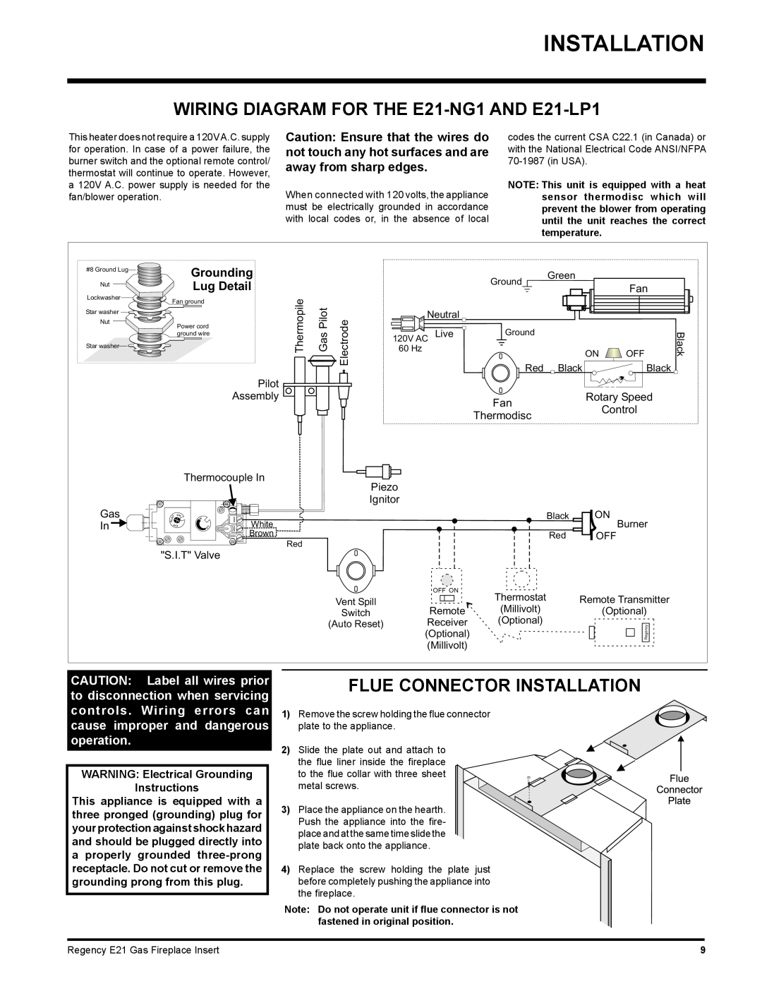 Regency Installation, WIRING DIAGRAM FOR THE E21-NG1AND E21-LP1, Grounding, Lug Detail, Pilot Assembly, Thermopile 