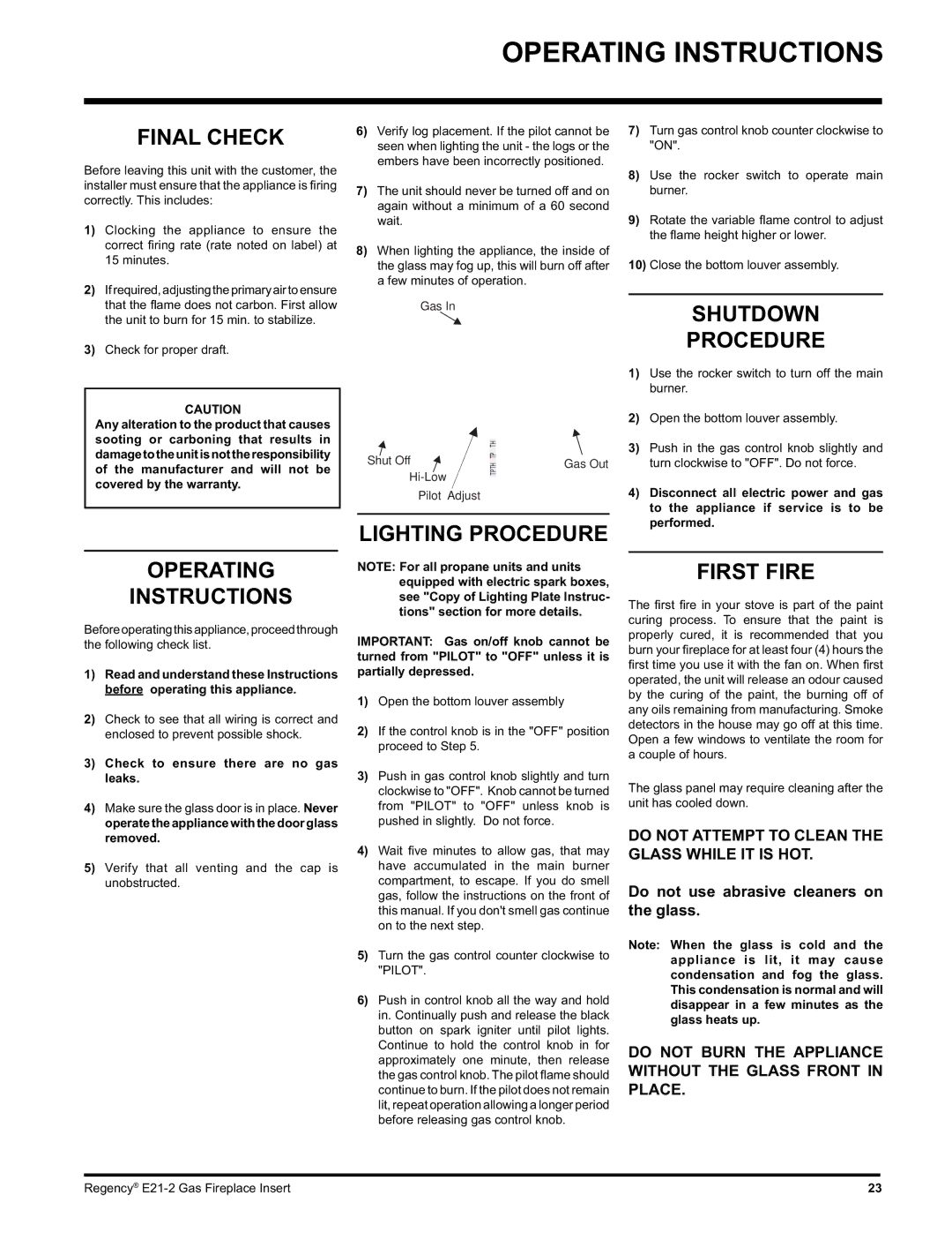 Regency E21-NG2, E21-LP2 installation manual Operating Instructions 