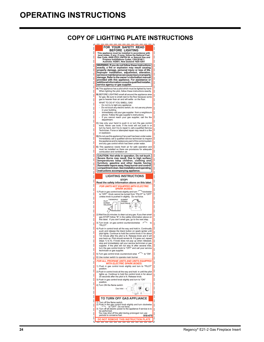 Regency E21-LP2, E21-NG2 installation manual Copy of Lighting Plate Instructions 