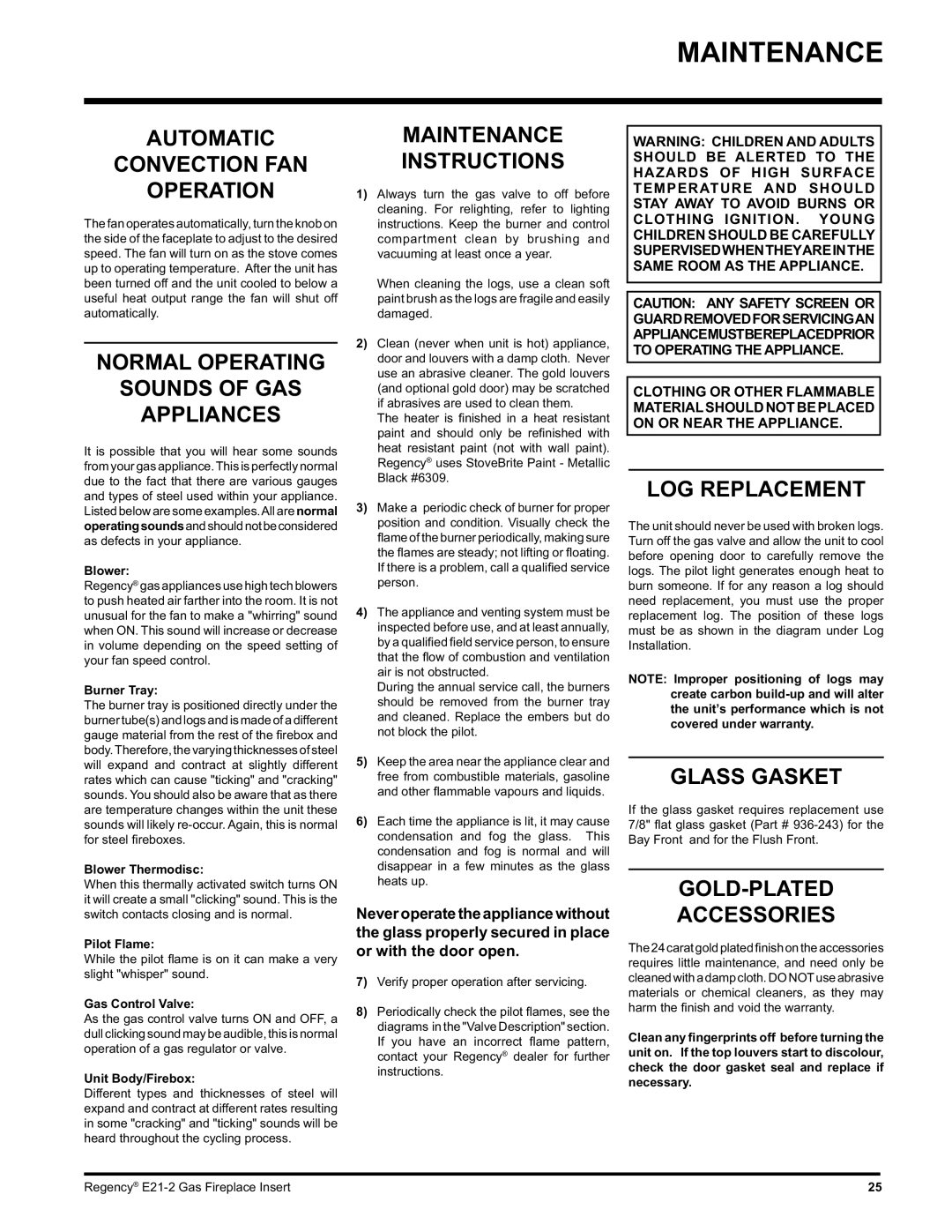 Regency E21-NG2, E21-LP2 installation manual Maintenance 