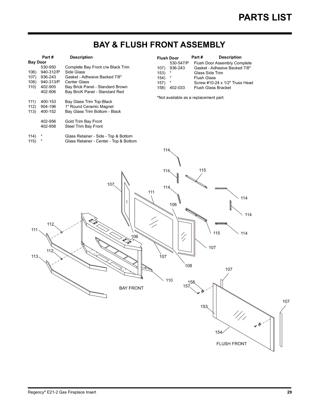 Regency E21-NG2, E21-LP2 installation manual Bay Door, Flush Door Description 