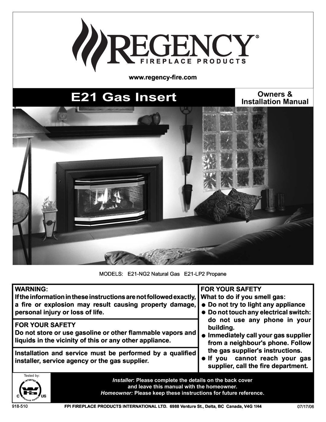 Regency E21-NG2, E21-LP2 installation manual E21 Gas Insert, Owners, Installation Manual 