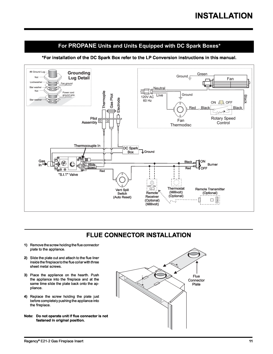Regency E21-NG2, E21-LP2 installation manual Flue Connector Installation 