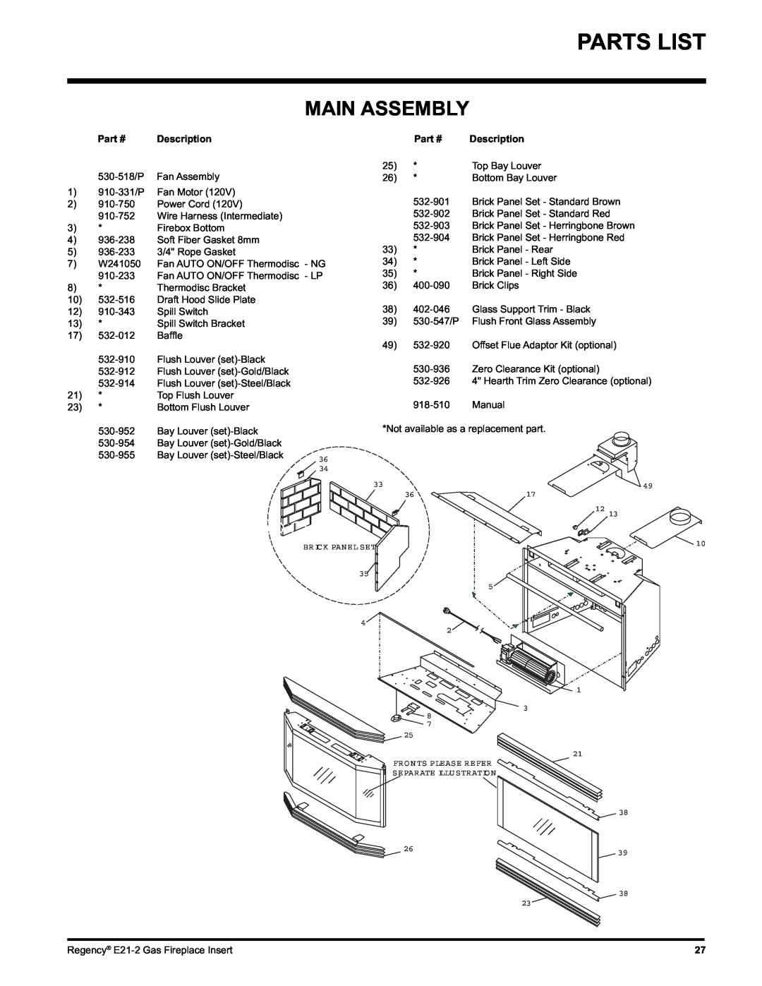 Regency E21-NG2, E21-LP2 installation manual Parts List, Main Assembly, Description 