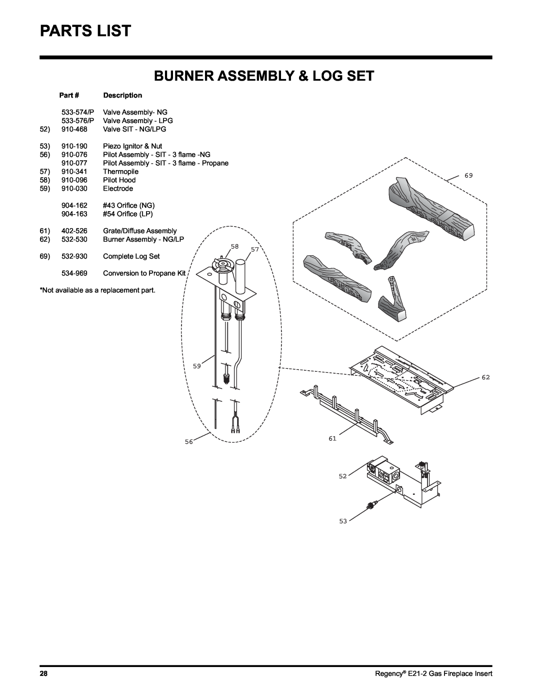 Regency E21-LP2, E21-NG2 installation manual Parts List, Burner Assembly & Log Set 