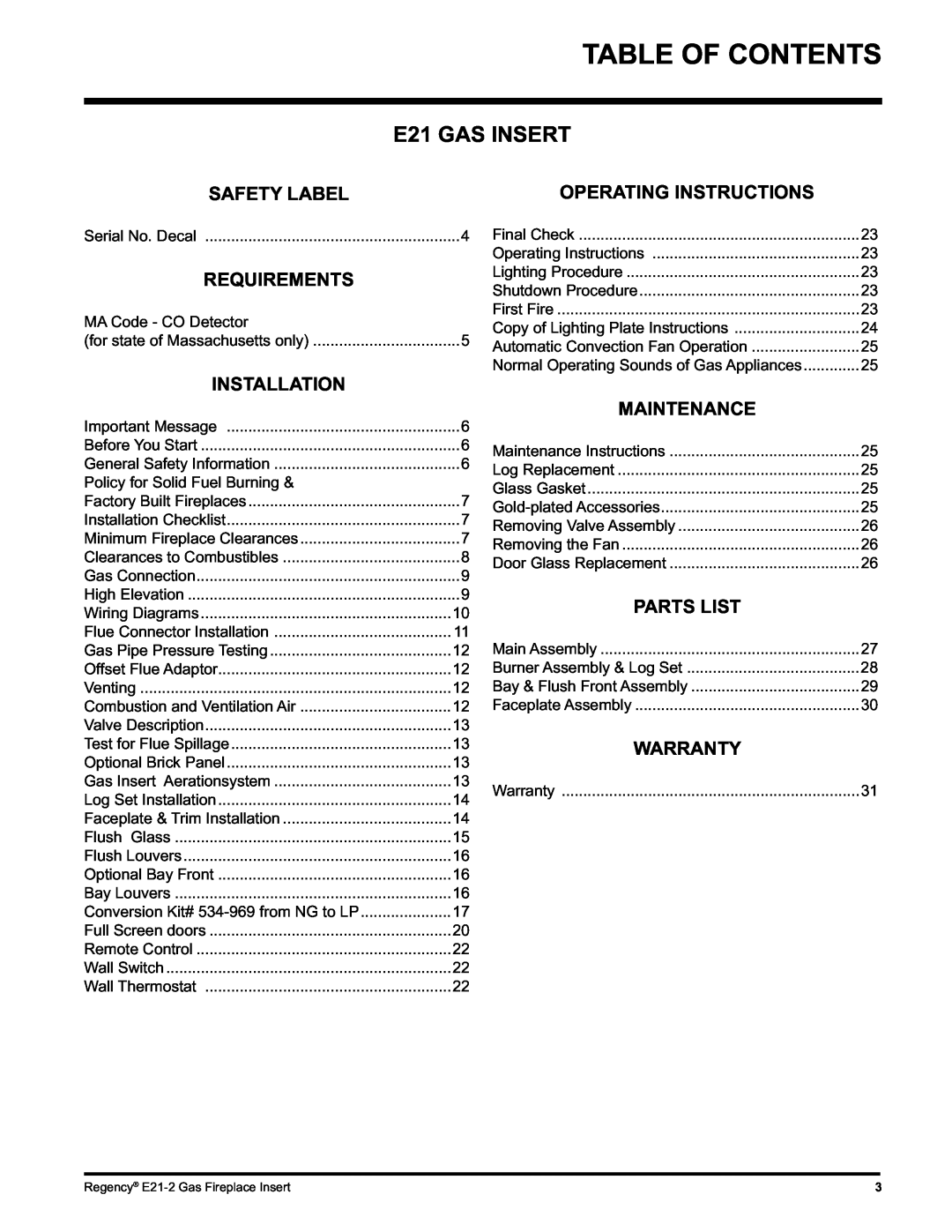 Regency E21-NG2, E21-LP2 installation manual Table Of Contents, E21 GAS INSERT, Operating Instructions 