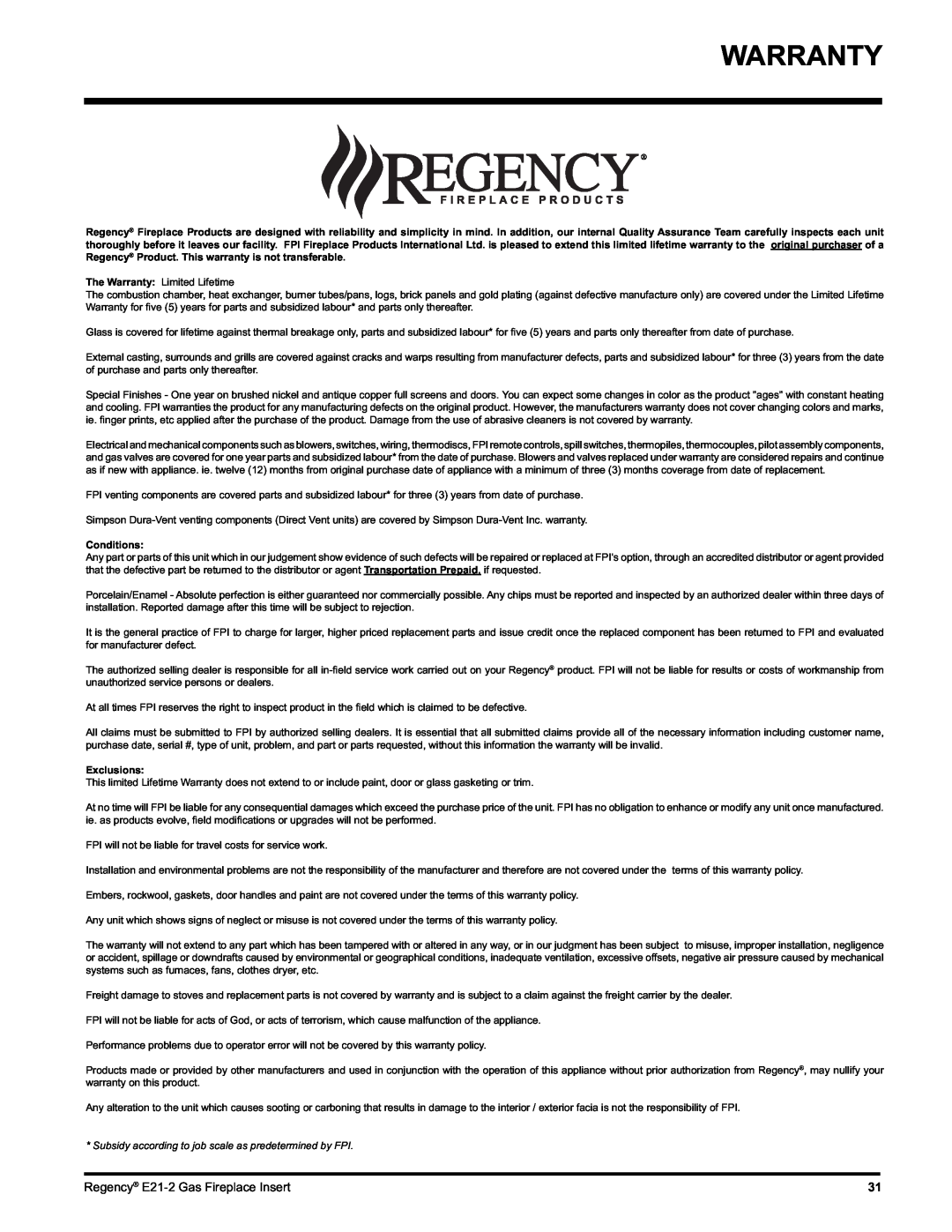 Regency E21-NG2, E21-LP2 installation manual Warranty, Conditions, Exclusions 