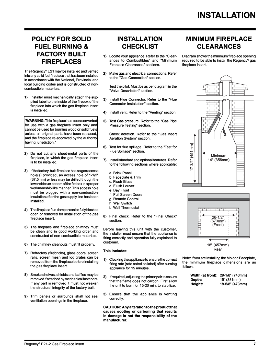 Regency E21-NG2 Installation Checklist, Minimum Fireplace Clearances, This includes, Width at front, Depth, Height 