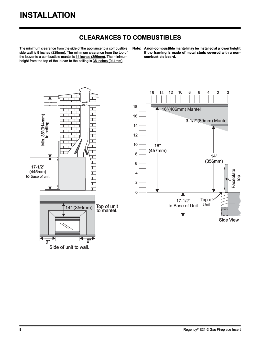 Regency E21-LP2, E21-NG2 installation manual Installation, Clearances To Combustibles, combustible board 