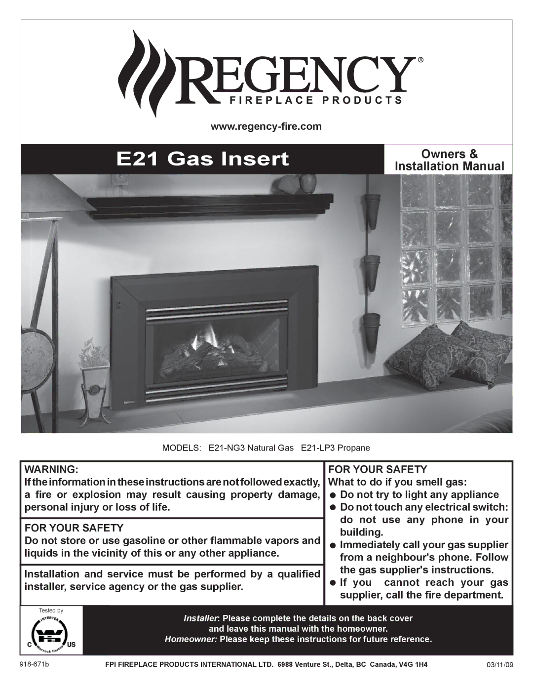 Regency E21-LP3, E21-NG3 installation manual E21 Gas Insert 