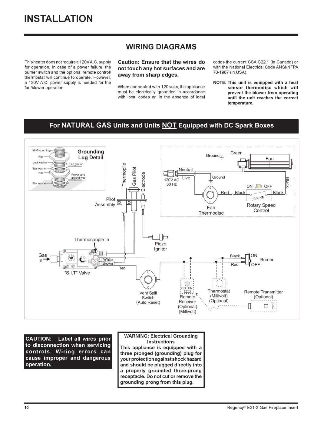 Regency E21-NG3, E21-LP3 installation manual Wiring Diagrams, Lug Detail 