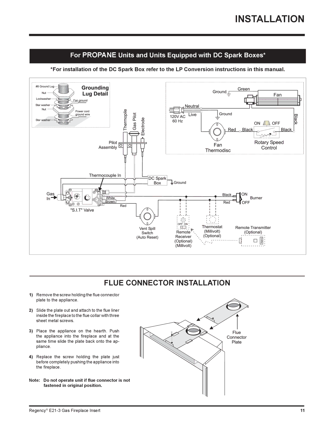 Regency E21-LP3, E21-NG3 Flue Connector Installation, For Propane Units and Units Equipped with DC Spark Boxes 