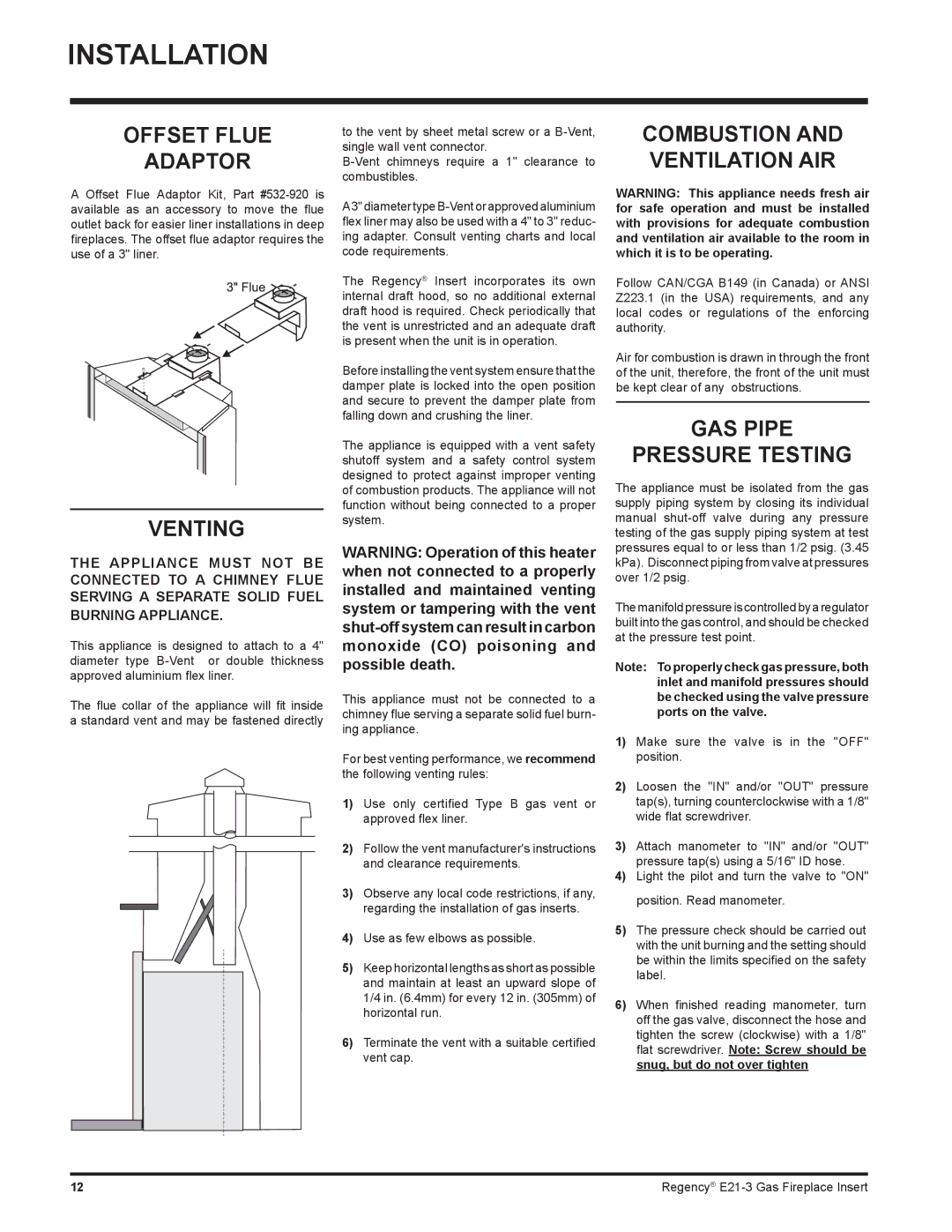 Regency E21-NG3, E21-LP3 installation manual Offset Flue Adaptor, Venting, GAS Pipe Pressure Testing 