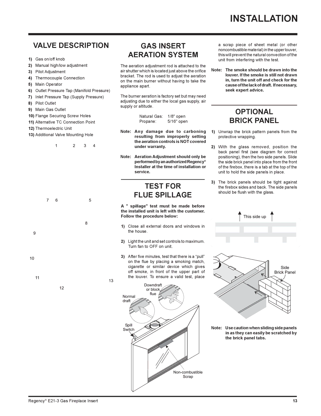 Regency E21-LP3, E21-NG3 Valve Description, GAS Insert Aeration System, Test for Flue Spillage, Optional Brick Panel 