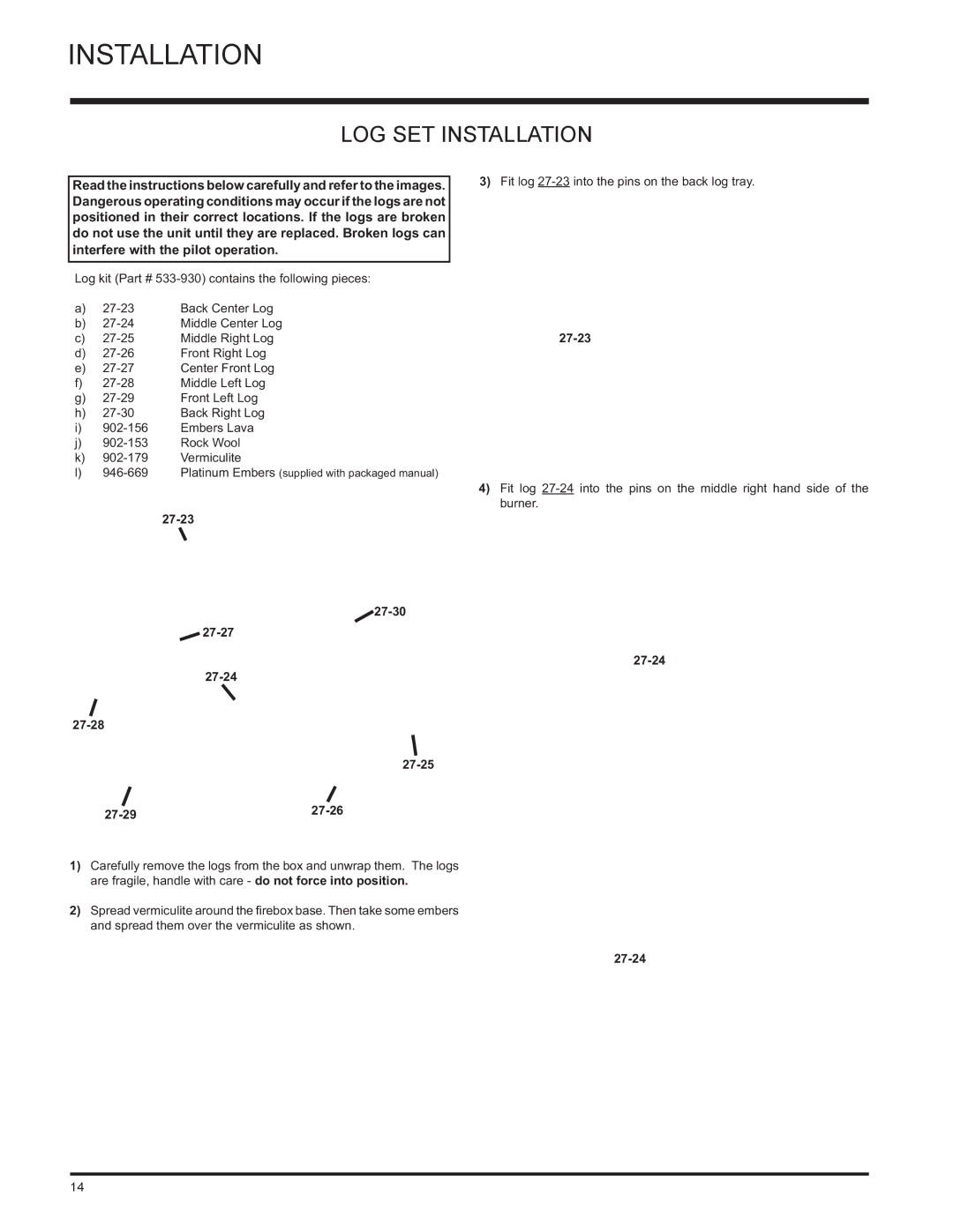 Regency E21-NG3, E21-LP3 installation manual LOG SET Installation, 27-23 27-30 27-27 27-24 27-28 27-25, 27-26 