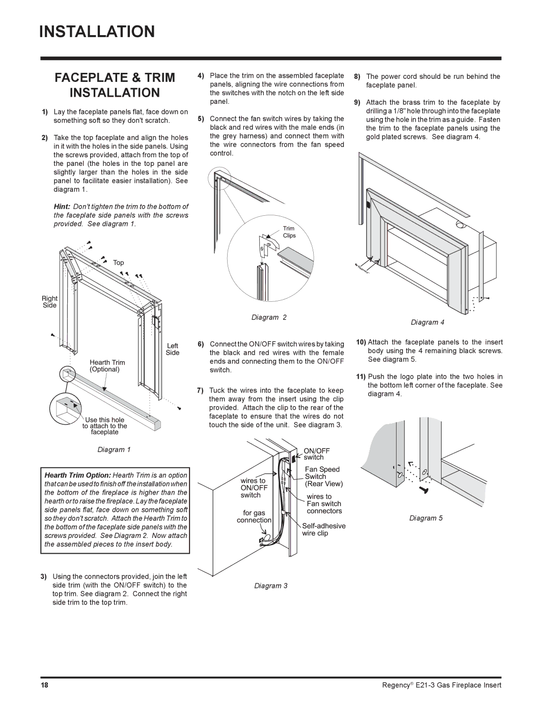 Regency E21-NG3, E21-LP3 installation manual Faceplate & Trim Installation, Diagram 