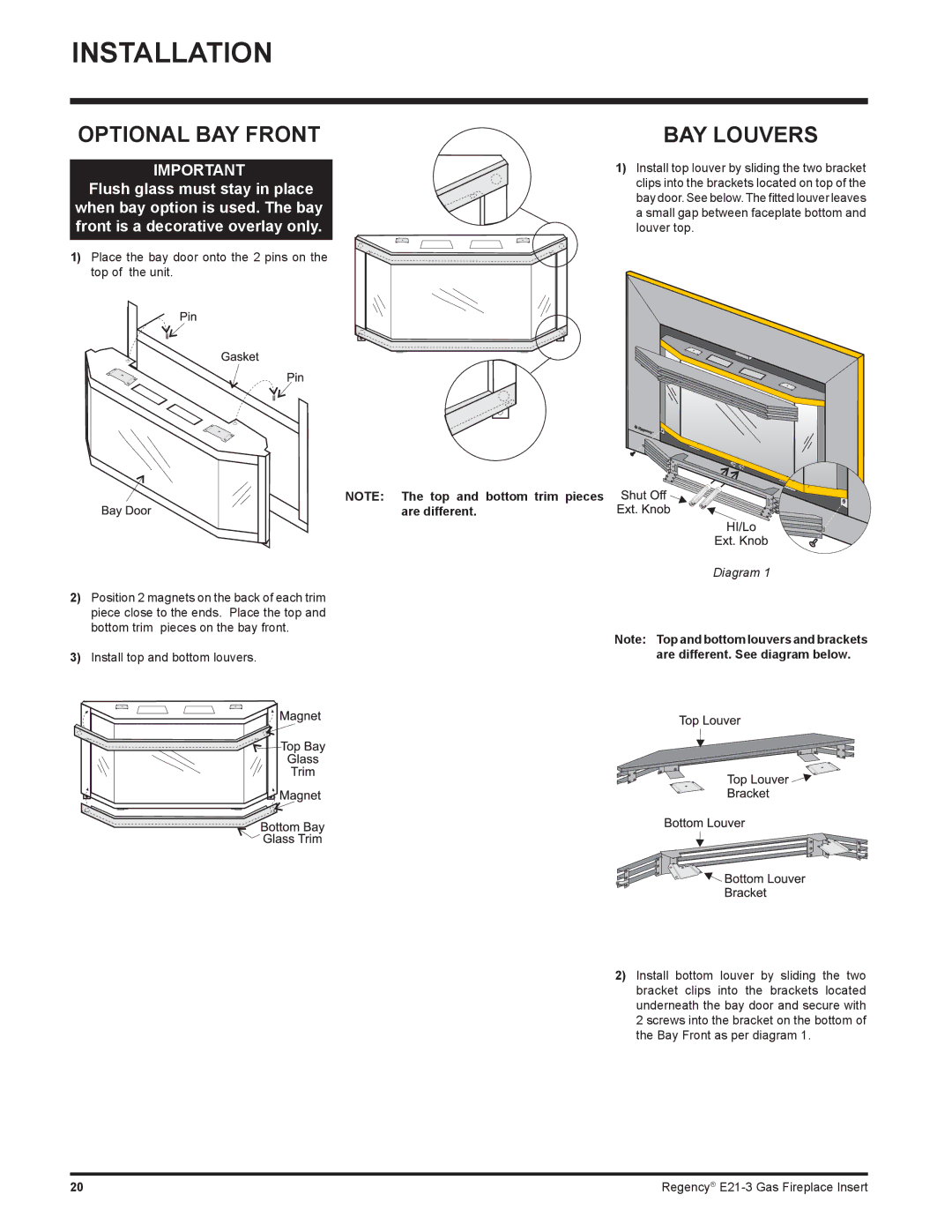 Regency E21-NG3, E21-LP3 installation manual Optional BAY Front, BAY Louvers 