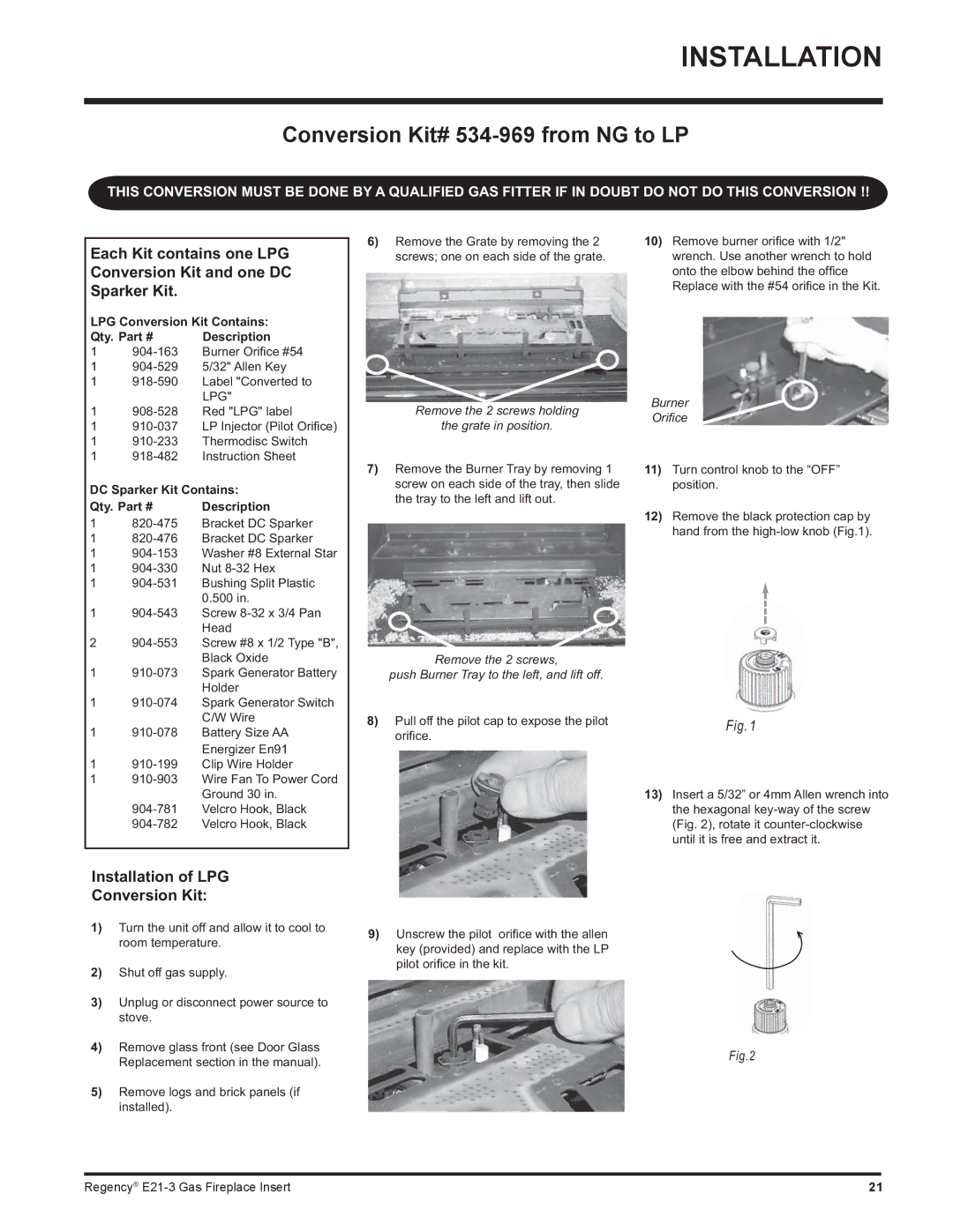 Regency E21-LP3, E21-NG3 installation manual LPG Conversion Kit Contains Qty Description, DC Sparker Kit Contains 