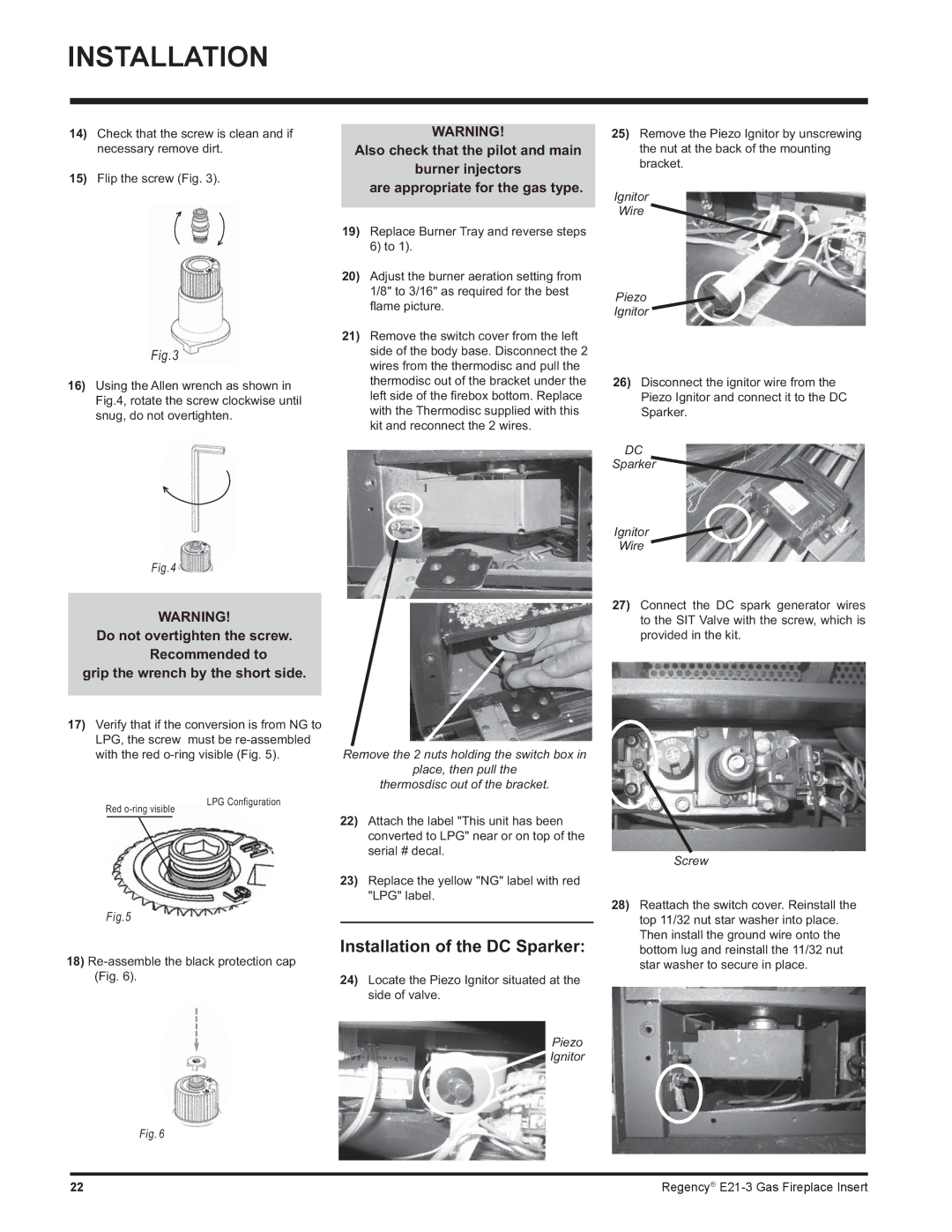 Regency E21-NG3, E21-LP3 installation manual Installation of the DC Sparker 