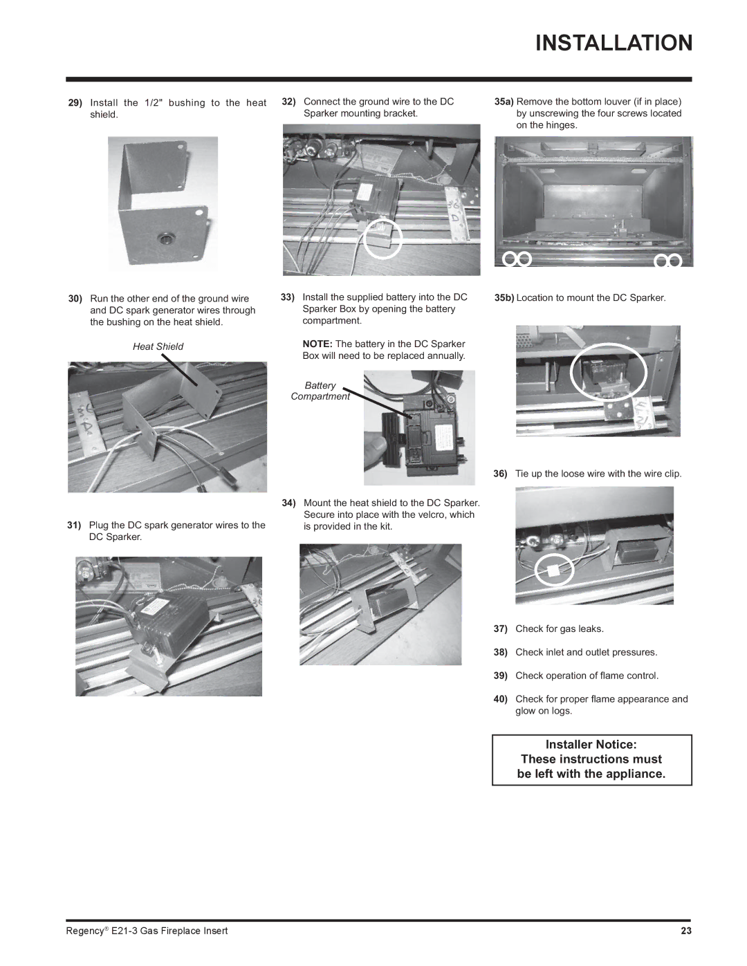 Regency E21-LP3, E21-NG3 installation manual Heat Shield 