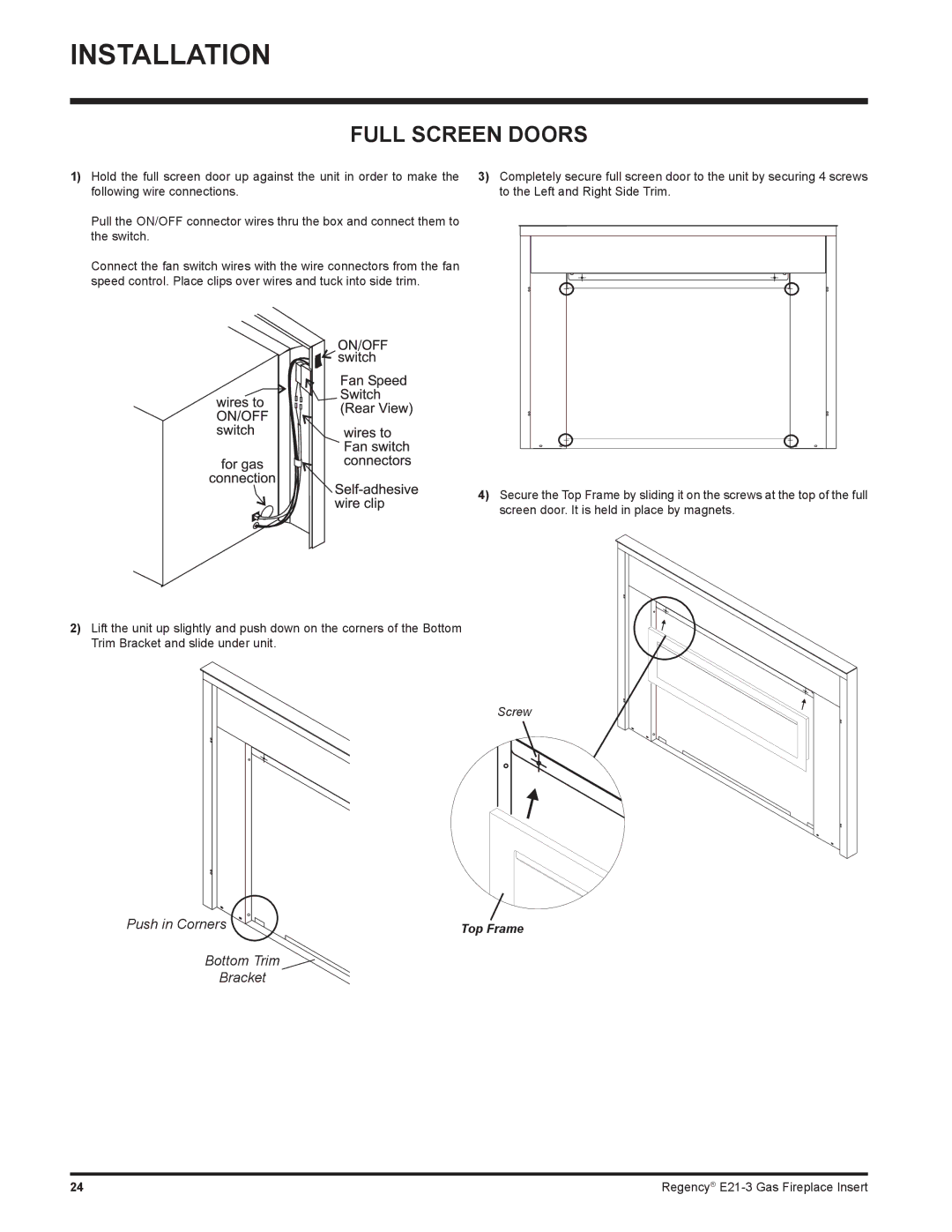 Regency E21-NG3, E21-LP3 installation manual Full Screen Doors 