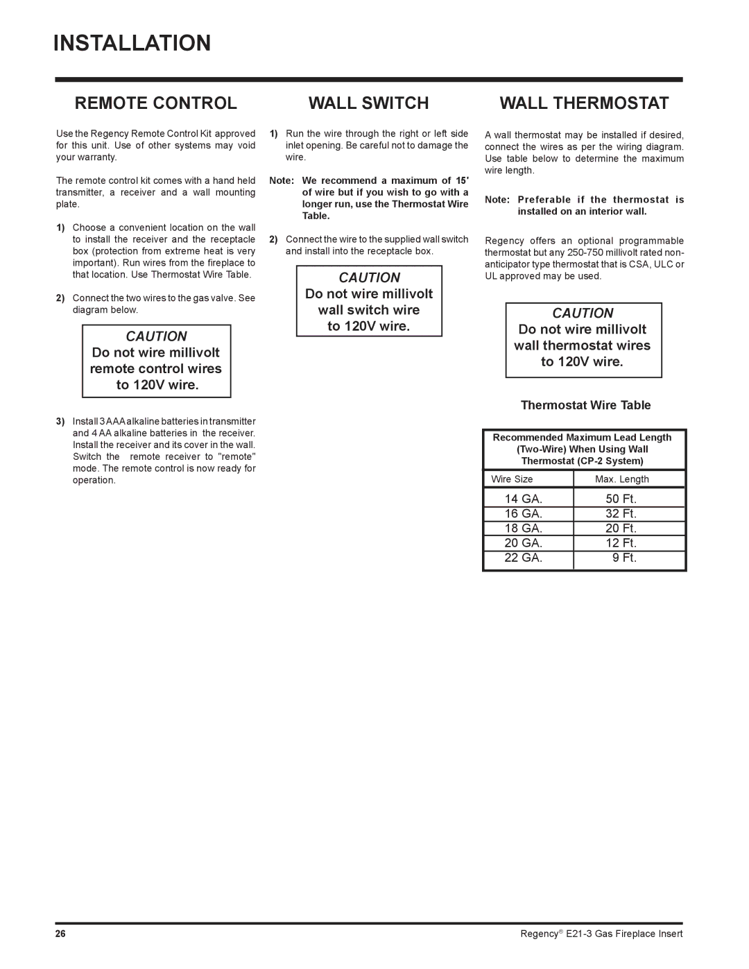 Regency E21-NG3, E21-LP3 installation manual Remote Control Wall Switch, Wall Thermostat 