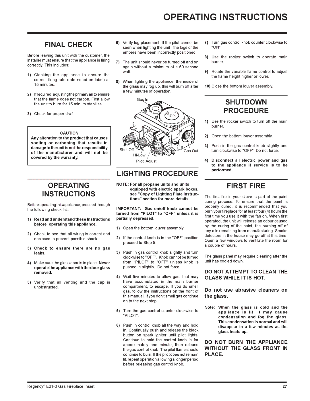 Regency E21-LP3, E21-NG3 installation manual Operating Instructions 