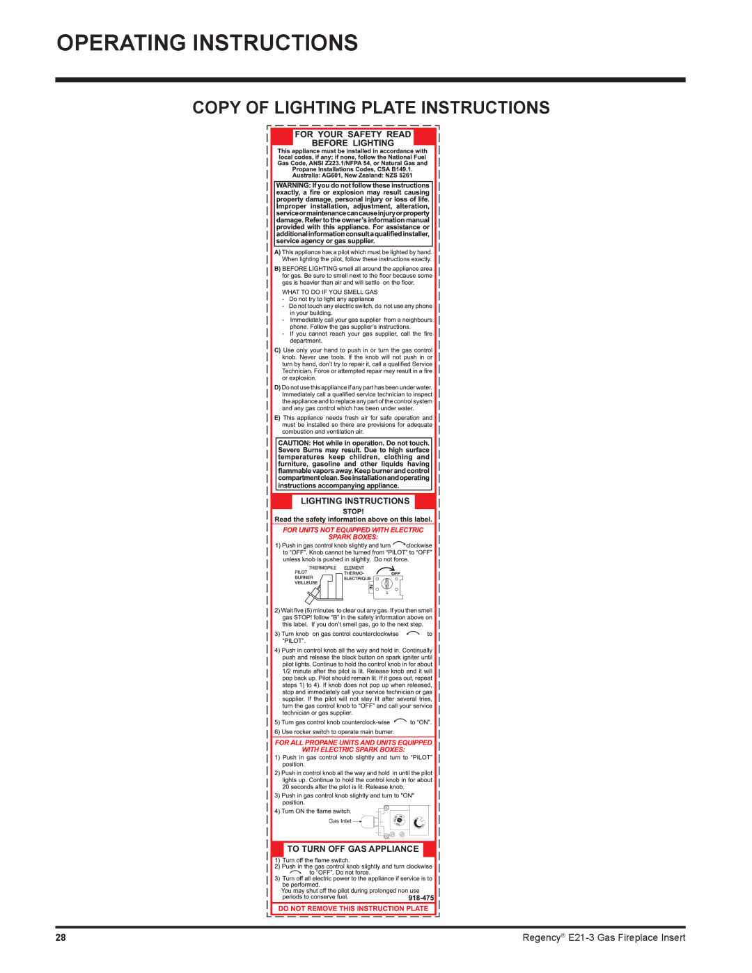 Regency E21-NG3, E21-LP3 installation manual Copy of Lighting Plate Instructions 