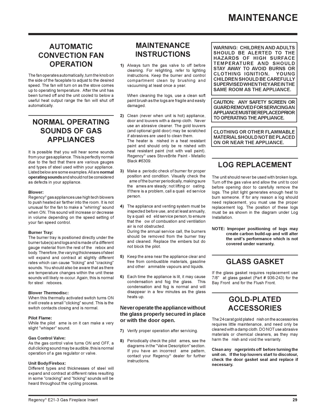 Regency E21-LP3, E21-NG3 installation manual Maintenance 