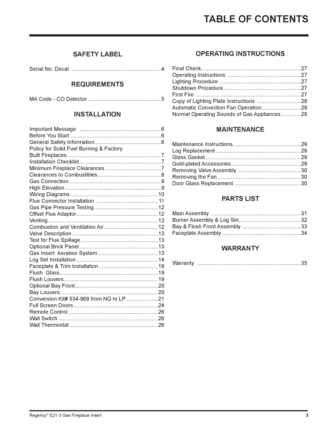 Regency E21-LP3, E21-NG3 installation manual Table of Contents 