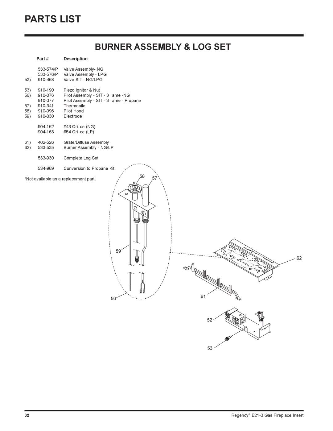 Regency E21-NG3, E21-LP3 installation manual Burner Assembly & LOG SET 