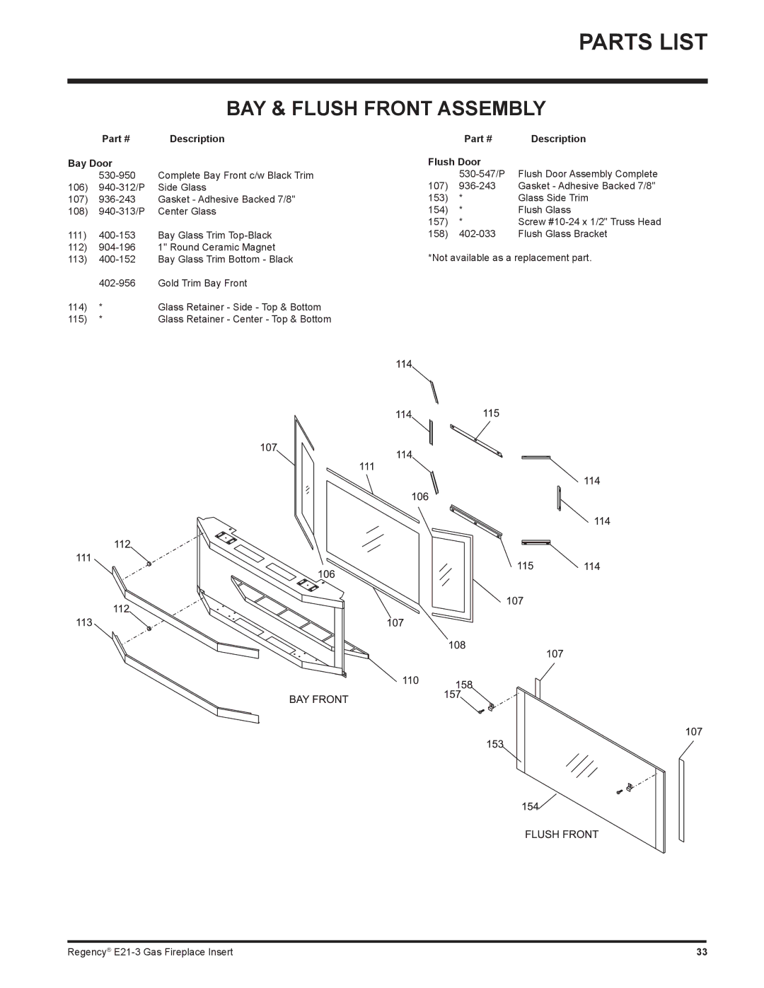 Regency E21-LP3, E21-NG3 installation manual Bay Door, Flush Door 