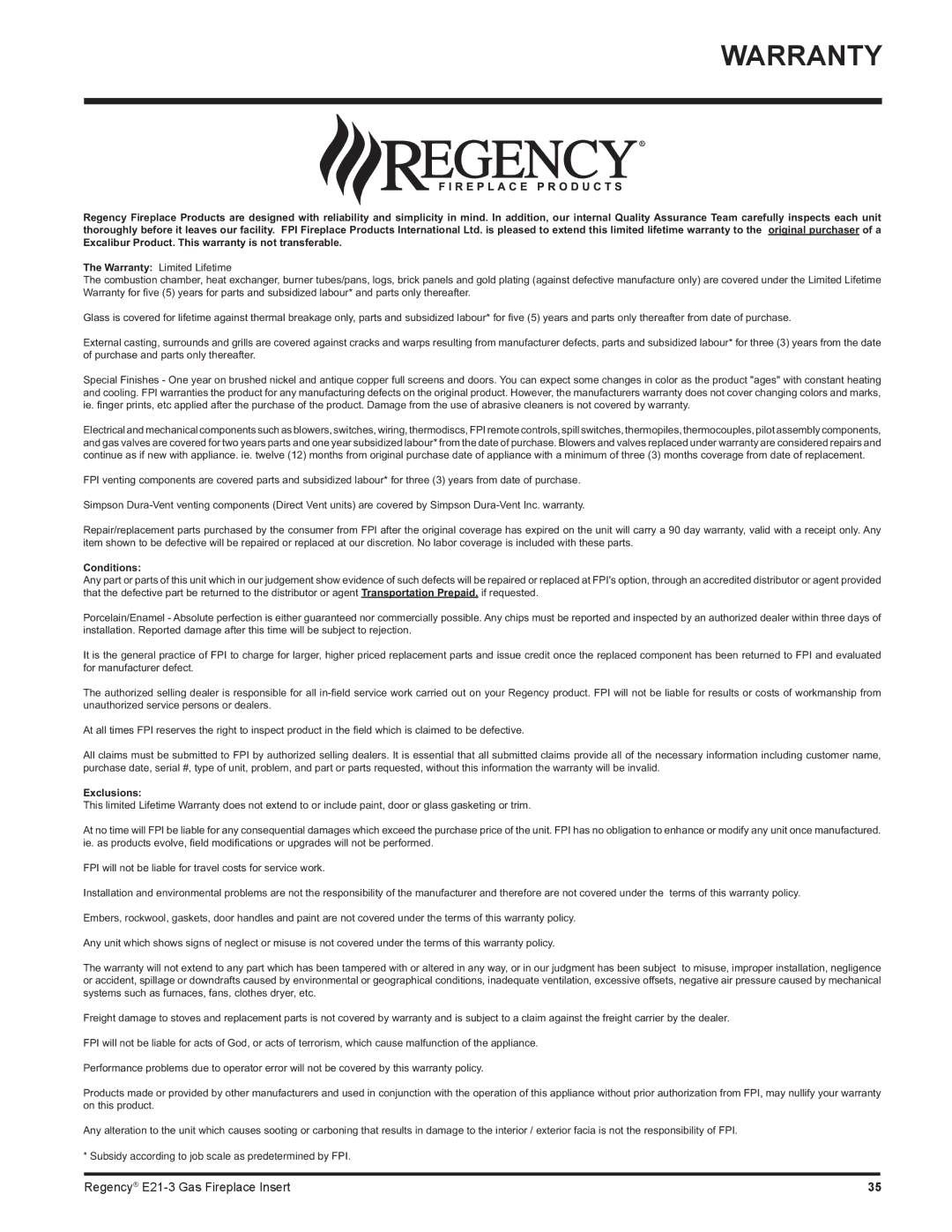 Regency E21-LP3, E21-NG3 installation manual Warranty, Conditions 