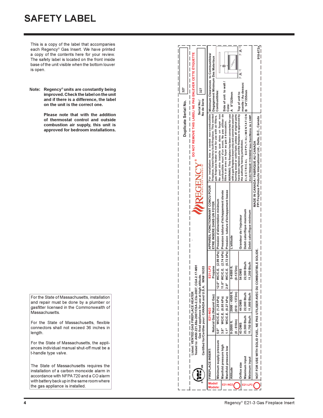 Regency E21-NG3, E21-LP3 installation manual Safety Label, Duplicate Serial No 