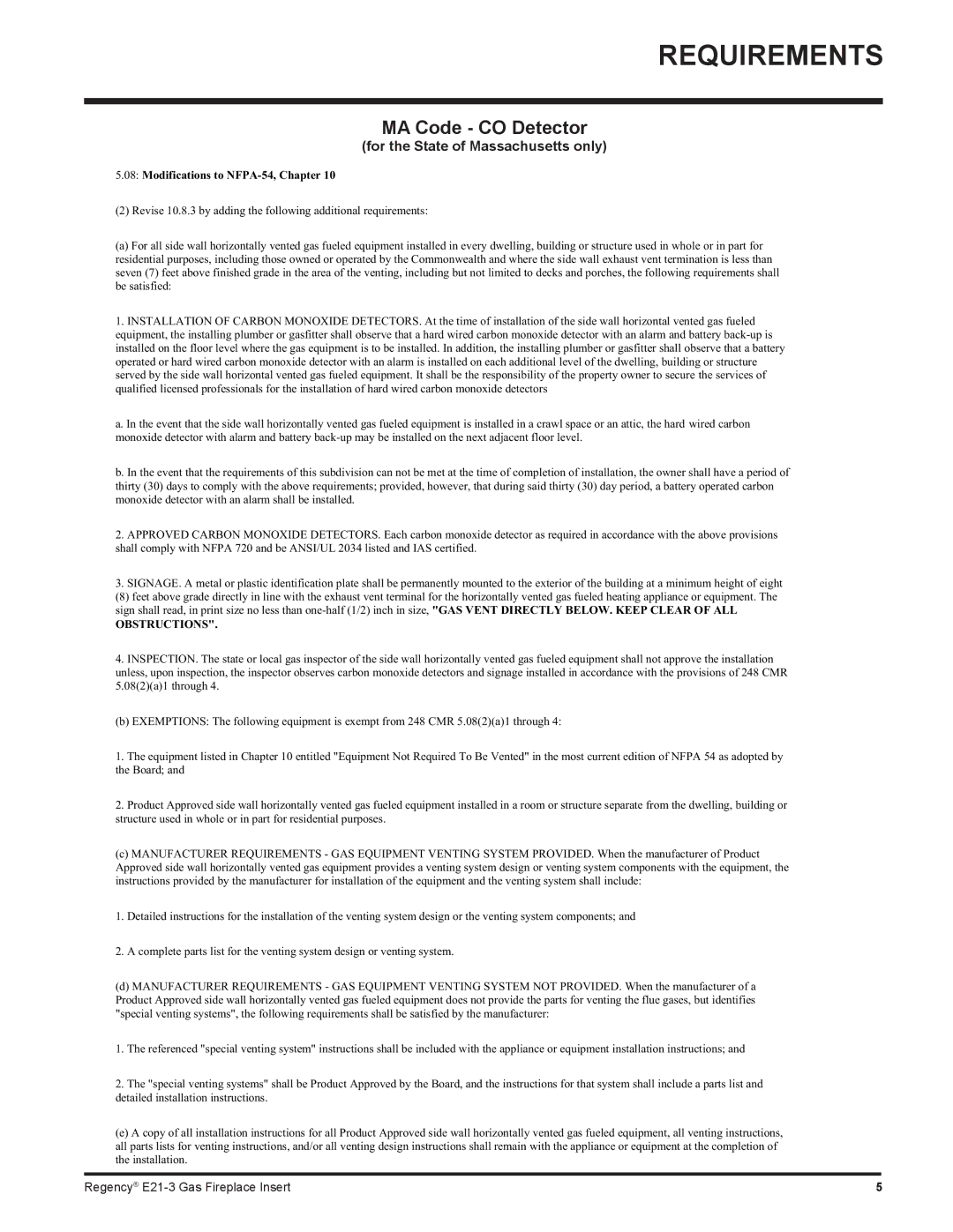 Regency E21-LP3, E21-NG3 installation manual Requirements, MA Code CO Detector 