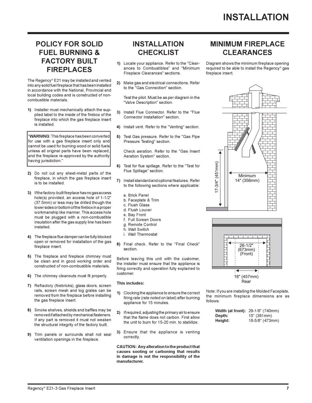 Regency E21-LP3, E21-NG3 installation manual Installation Checklist, Minimum Fireplace Clearances 