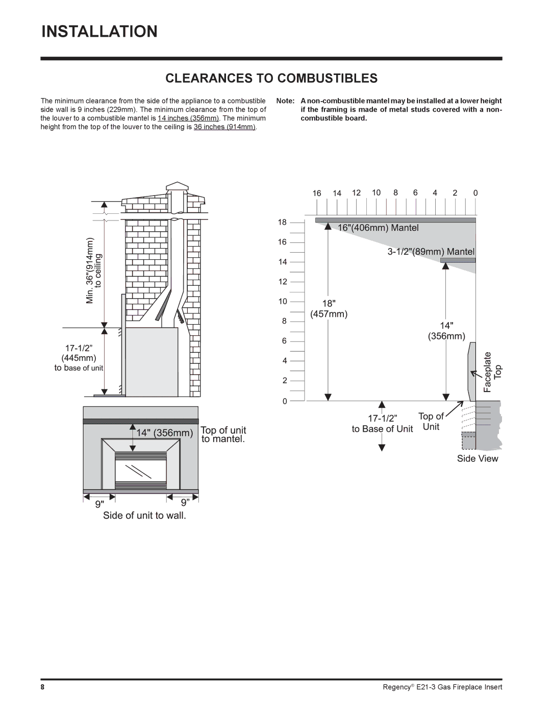 Regency E21-NG3, E21-LP3 installation manual Clearances to Combustibles, Combustible board 