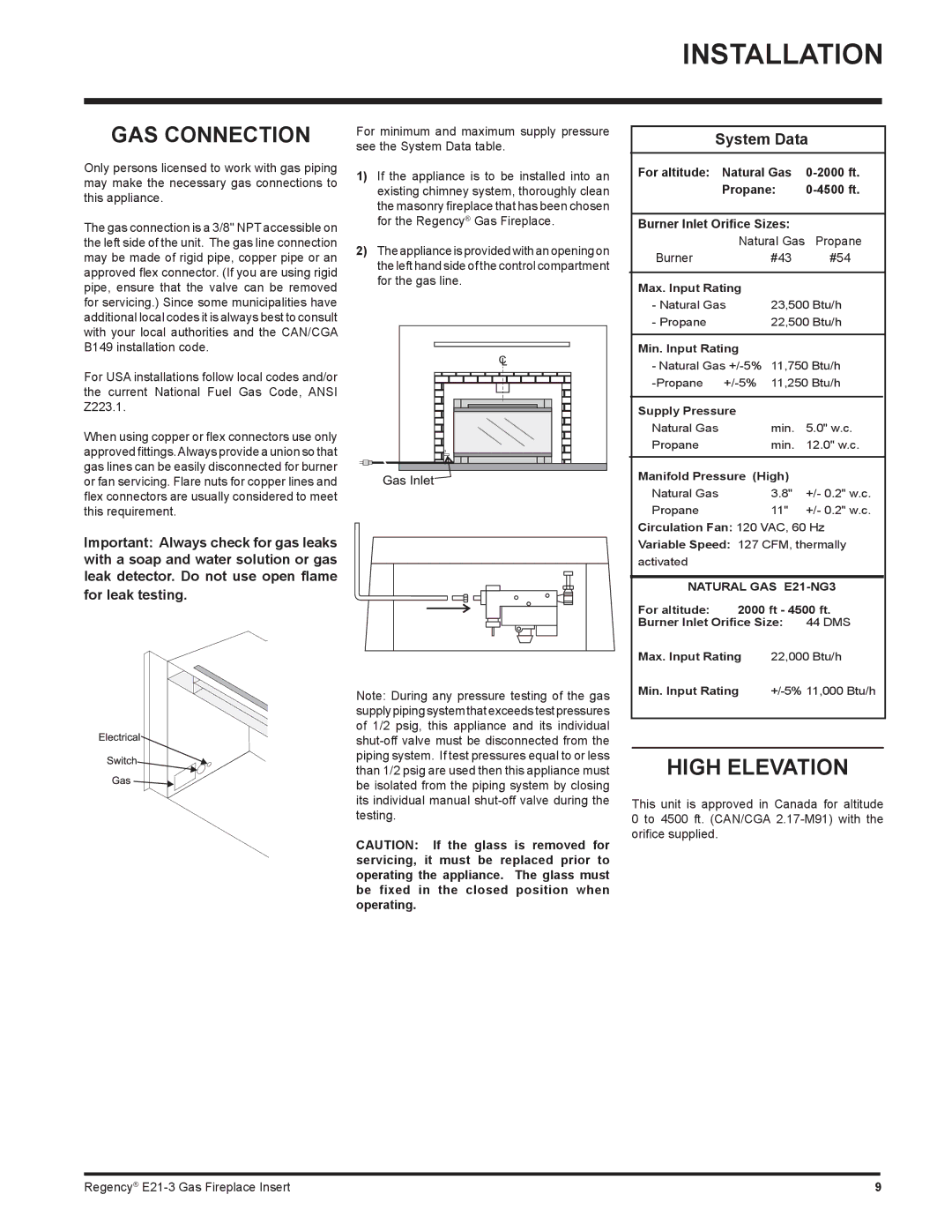 Regency E21-LP3, E21-NG3 installation manual GAS Connection, High Elevation 