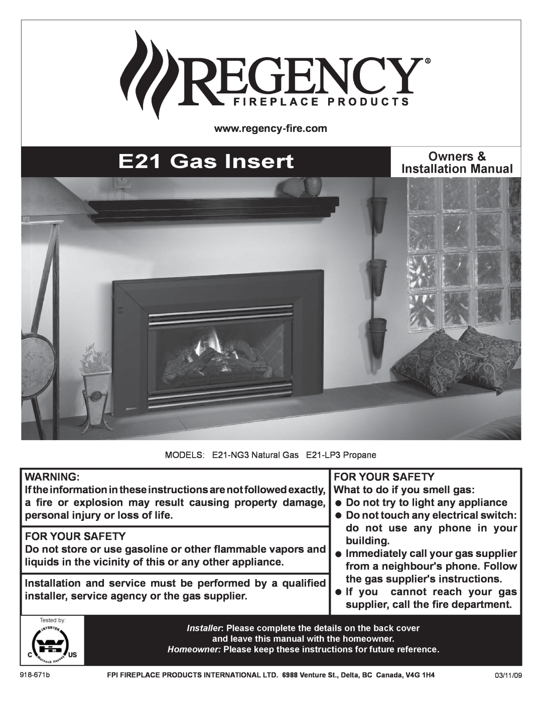 Regency E21-LP3, E21-NG3 installation manual E21 Gas Insert, Owners, Installation Manual 