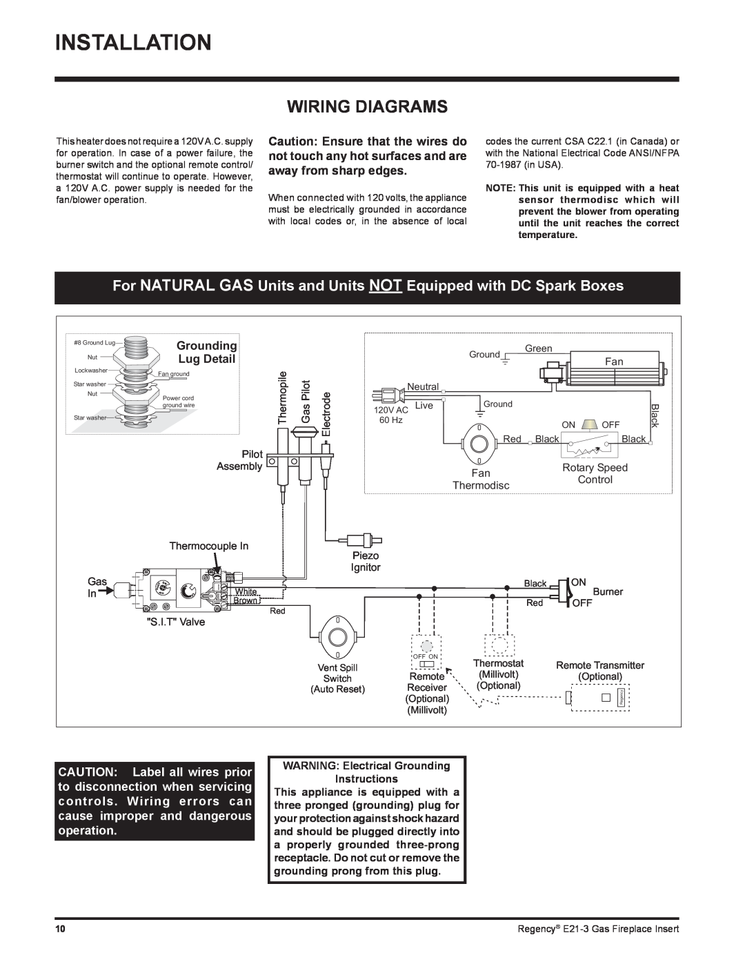 Regency E21-NG3, E21-LP3 Installation, Wiring Diagrams, Lug Detail, WARNING Electrical Grounding Instructions 