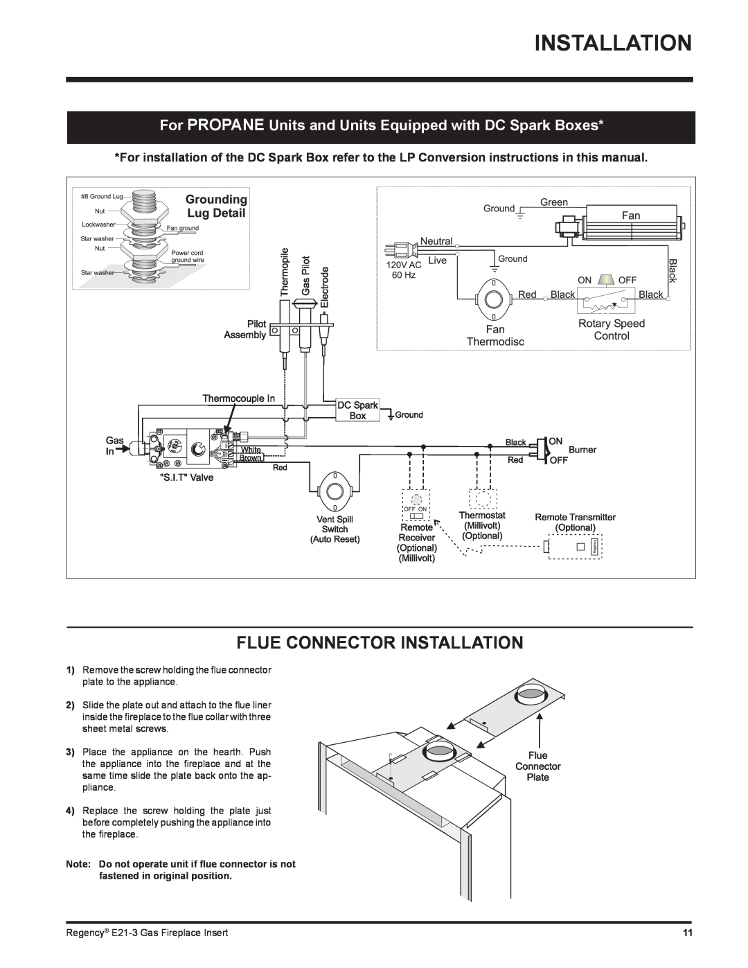 Regency E21-LP3, E21-NG3 installation manual Flue Connector Installation 