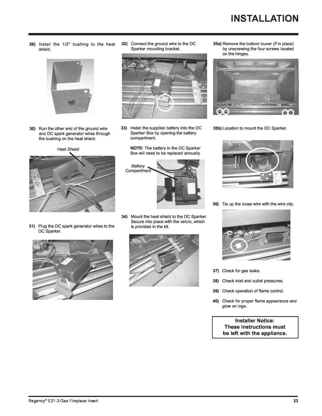 Regency E21-LP3, E21-NG3 installation manual Installation, Installer Notice, Heat Shield, Battery Compartment 