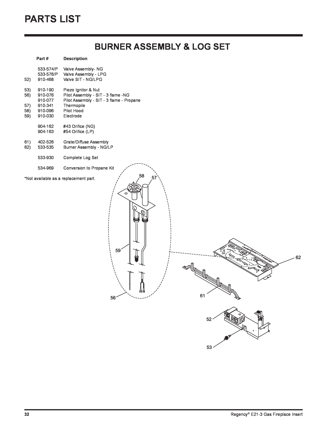 Regency E21-NG3, E21-LP3 installation manual Parts List, Burner Assembly & Log Set 