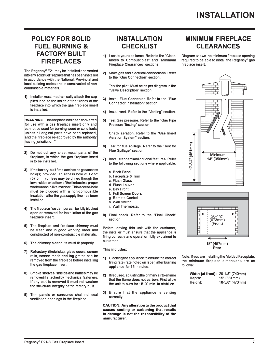Regency E21-LP3 Installation Checklist, Minimum Fireplace Clearances, This includes, Width at front, Depth, Height 
