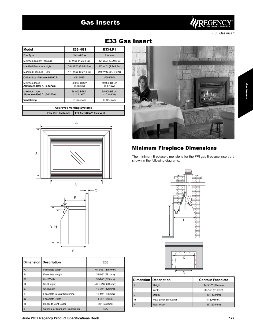 Regency dimensions Minimum Fireplace Dimensions, Model E33-NG1 E33-LP1, Description E33, Description Contour Faceplate 